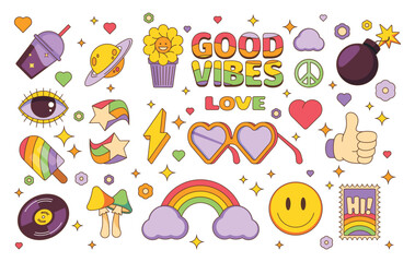 Wall Mural - Trendy patches. Doodle hippie abstract geometric stickers for graphic art, cute chaotic psychedelic comic pop stickers. Vector colorful set. Good vibes, colorful peace, heart symbols