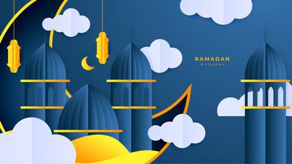 Wall Mural - Paper cut vector illustration Ramadan Kareem with mosque and moon, place for text greeting card and banner