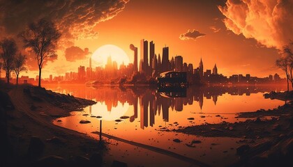 Wall Mural - Sunset cityscape captured in a panoramic photograph. Generative AI