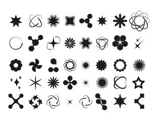 Poster - Y2k abstract shapes. Minimalist geometric brutalist symbols, retro futuristic grid elements and simple forms. Vector 2000 symbols collection. Cosmos bodies, decorative twinkles and burst