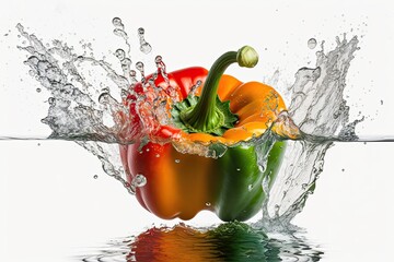 Poster - bell pepper submerging into water with a splash. Generative AI