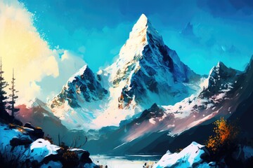 Wall Mural - serene winter landscape with a snow-capped mountain and a frozen lake. generative ai