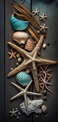 Wall Mural - Seashells and starfish decorate a weathered hardwood floor. Generative AI