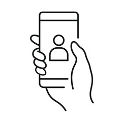 Poster - video chat icon on mobile phone, hand holding smartphone for online video with a frien vector.