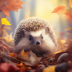 Wall Mural - Close-up of a hedgehog in autumn forest, Generative AI