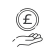 £の文字が入ったシンプルなコインと人の手のアイコン- イギリスなどの通貨･ポンドのイメージ
