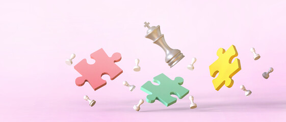 Aufkleber - Chess and jigsaw puzzles with the concept of leadership success with different business goals on purple background. copy space, banner, website, poste - 3d rendering
