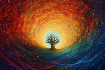 Wall Mural - an artwork in the style of pointillism, depicting the infinite, eternal, and forever flowing nature 