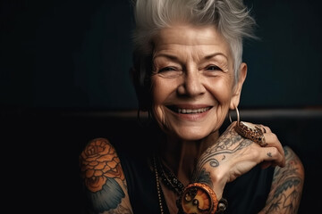 Wall Mural - portrait of stylish elderly happy woman in tattoos smiling on dark background. Generative AI