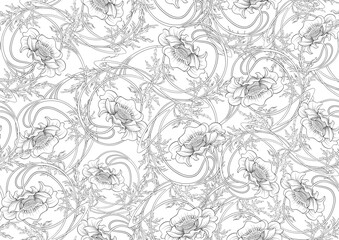 Wall Mural - Decorative flowers and leaves in art nouveau style, vintage, old, retro style. Seamless pattern, background. Vector illustration. In art nouveau style, vintage, old, retro style.