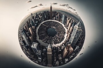 Canvas Print - an urban skyline with towering skyscrapers as seen from a birds eye view. Generative AI