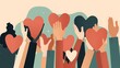 Charity illustration concept with raised hands and hearts. Community compassion, love, and support towards those in need. Generative AI