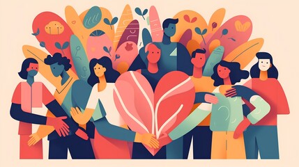 Charity illustration concept with abstract, diverse persons, hands and hearts. Community compassion, love, and support towards those in need. Generative AI