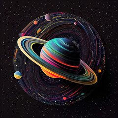 Wall Mural - colorful saturn planet in dark space with stars (generative ai)