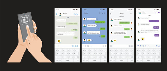 Poster - Hand holds the smartphone with messenger application. Messenger UI collection. Flat vector modern phone mock-up illustration.