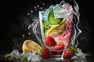 Sticker - refreshing drink with strawberries and ice in a clear glass. Generative AI