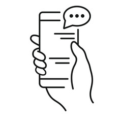 Poster - hand holding his phone icon, hand texting to someone on a message app, typing with a speech bubble, Editable stroke, vector illustration