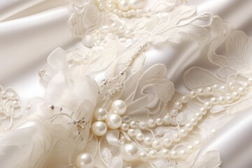 Wedding dress detail. Elegant white background with lace, silk and pearl. Generative AI