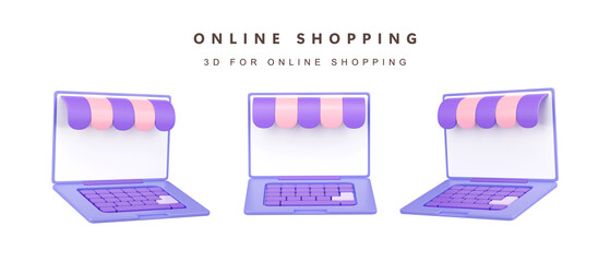 Poster - 3d Set of store on laptop for shopping online concept. icon isolated on white background. 3d rendering illustration. Clipping path.