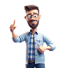 3D icon people kawaii cartoon of a smiling man points with index finger. Bright portrait of a teenage character isolated background transparent png. Generative ai