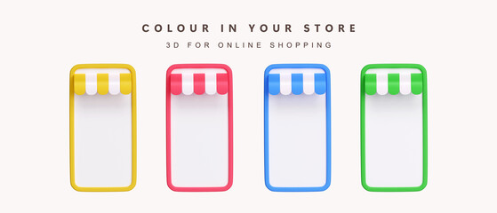 Poster - 3d Set of color store on phone for shopping online concept. icon isolated on white background. 3d rendering illustration. Clipping path.