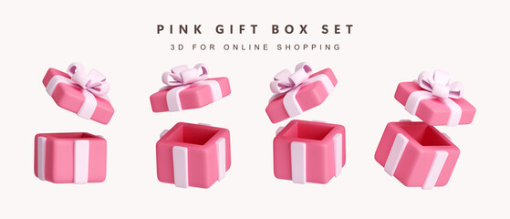 Poster - 3d Set of open pink gift box for shopping concept. icon isolated on white background. 3d rendering illustration. Clipping path.