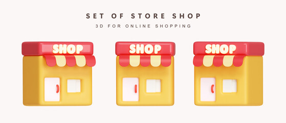 Poster - 3d Set of store for shopping online concept. icon isolated on white background. 3d rendering illustration. Clipping path.