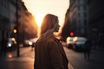 Wall Mural - Rear view of a woman walking down a city street at sunset