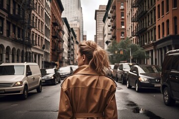 Sticker - Rear view of a woman walking down a city street