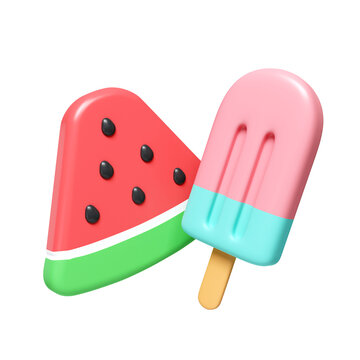 3d watermelon and ice cream for summer time. icon isolated on white background. 3d rendering illustration. Clipping path.