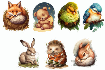 Safari Animal set hare, hedgehog, bear, fox, squirrel, bird sleeping in 3d style. Isolated. Generative AI