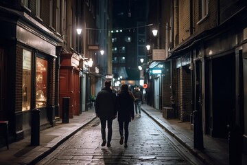 Rear view of a man and woman walking down a cold winters city street