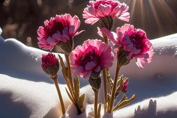 Canvas Print - Closeup of flowers growing in snow