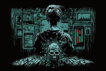 Poster - person standing in front of a mysterious machine with a macabre skull design. generative ai