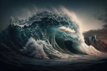 Poster - massive ocean wave towering over a boat. Generative AI