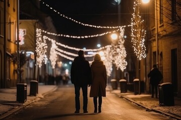 Sticker - Rear view of a man and woman walking down a city street