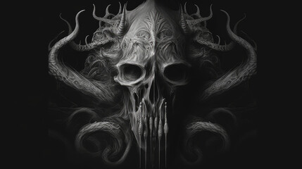 Poster - black and white alien monster skull - by generative ai