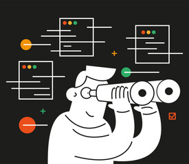 Poster - Internet search. The process of discovery and research in the network. Cartoon man looks with binoculars. Observation, mission, identification.