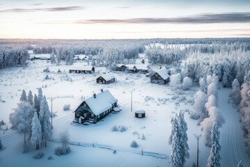 Sticker - winter wonderland: A breathtaking aerial view of a serene snow-covered forest. Generative AI