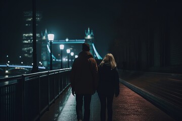 Wall Mural - Rear view of a man and woman walking down a city street