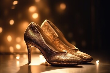 Wall Mural - Golden shoe with dark background, generative ai image