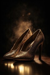 Wall Mural - Golden shoe with dark background, generative ai image