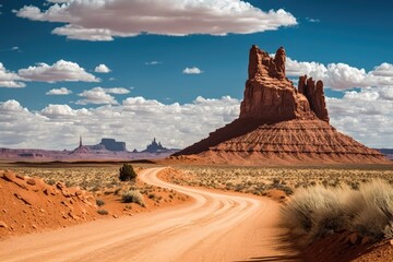 Poster - dusty desert trail stretching into the horizon. Generative AI