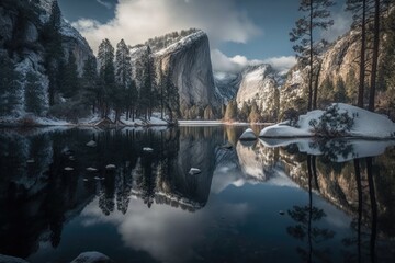Wall Mural - serene lake nestled among snow-capped mountains and surrounded by tall trees. generative ai