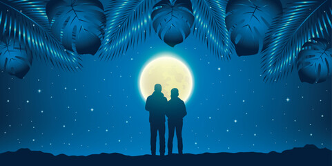 Sticker - romantic couple at night background with full moon and palm tree leaves