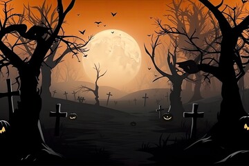 Halloween background Spooky forest with dead trees and pumpkins