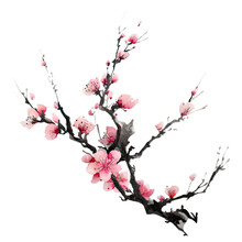 Traditional Ink Painting Style Peach Tree Branches, Beautiful Pink Peach Blossom, Spring Flowers, Generated Ai.	