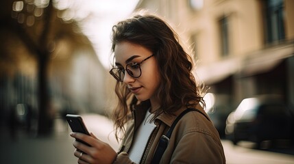 Wall Mural - Portrait of a beautiful young woman using mobile phone in the city.Generative Ai