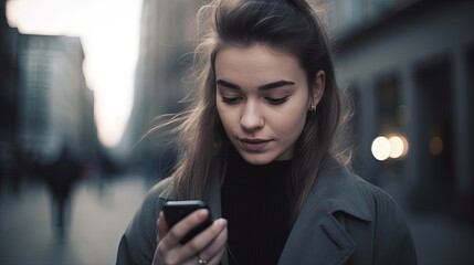 Wall Mural - Portrait of a beautiful young woman using mobile phone in the city.Generative Ai