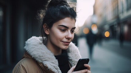 Wall Mural - Portrait of a beautiful young woman using mobile phone in the city.Generative Ai